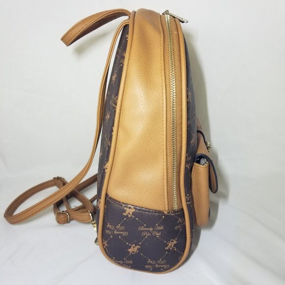Beverly Hills Polo Club Womens Monogram Backpack Purse Brown Beige Zipper Close - Picture 11 of 16